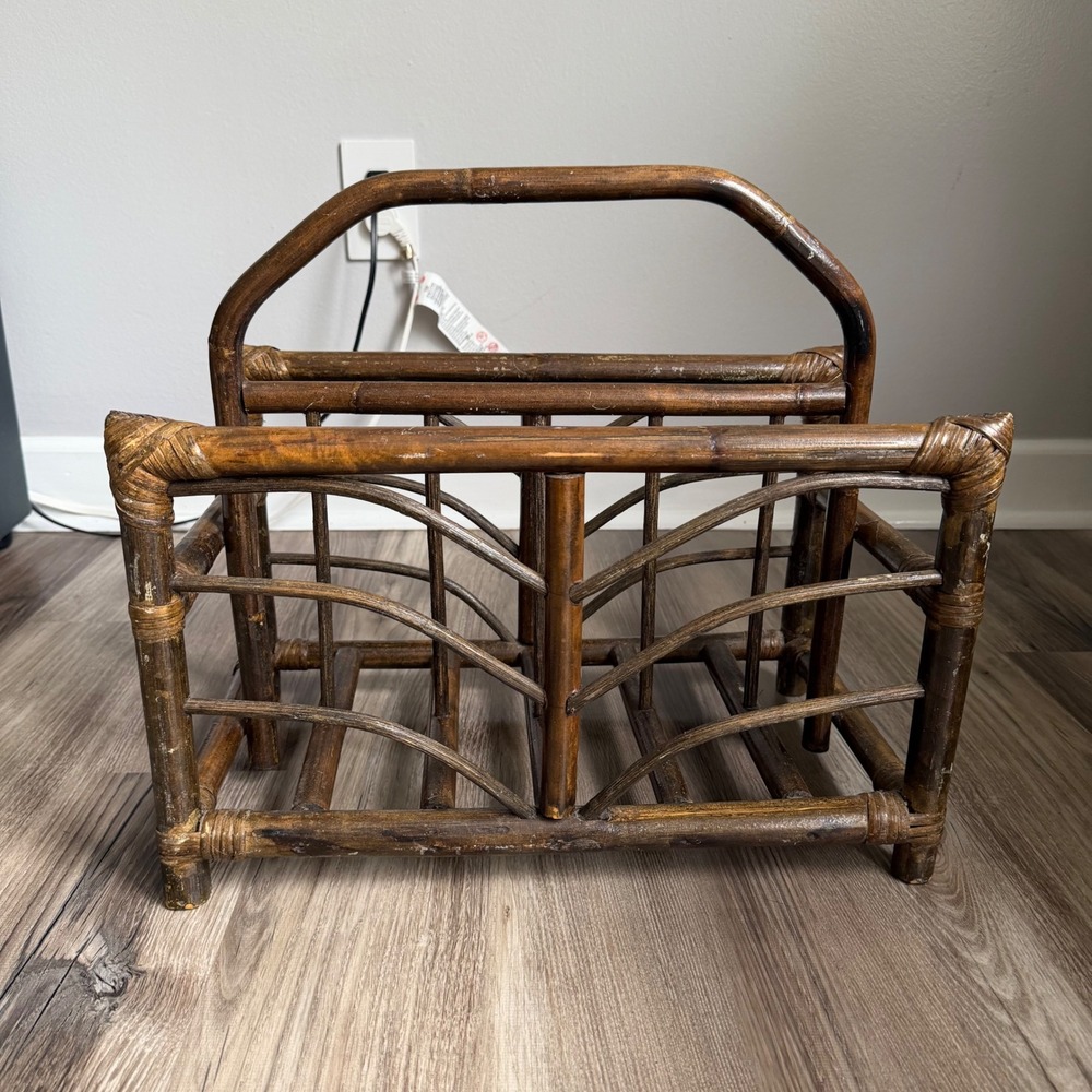 Vintage Bamboo Rattan Magazine Rack Boho Mid Century‎ Modern Record Holder Brown